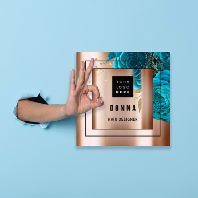 Elevate Your Brand with Custom Logo QR Code Rose  Square Business Card (Custom Logo QR CODE Rose Gold Frame Blue Square Business Card)