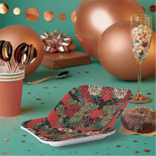 Elevate Your Moments: Red Japanese Vintage Floral Paper Plate