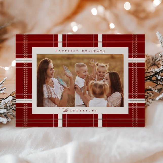 Elevated Plaid Cosy Cabin Forest Burgundy Beige Holiday Card (Creator Uploaded)
