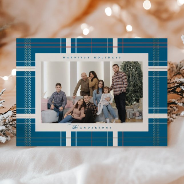 Elevated Plaid Cosy Cabin Forest Turquoise Blue Holiday Card (Creator Uploaded)