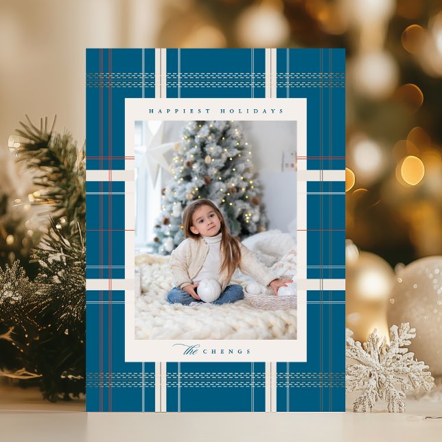 Elevated Plaid Cosy Cabin Forest Turquoise Blue Holiday Card (Creator Uploaded)