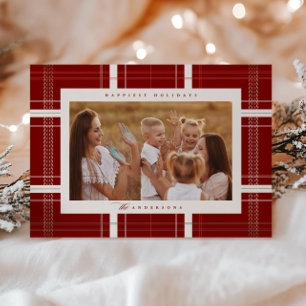 Elevated Plaid Cozy Cabin Forest Burgundy Beige Holiday Card