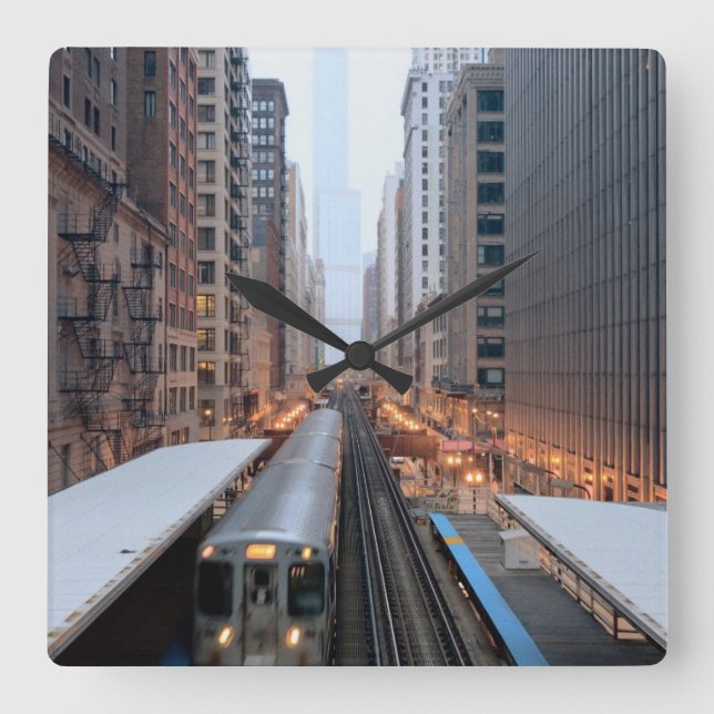 Elevated rail in downtown Chicago over Wabash Square Wall Clock (Front)