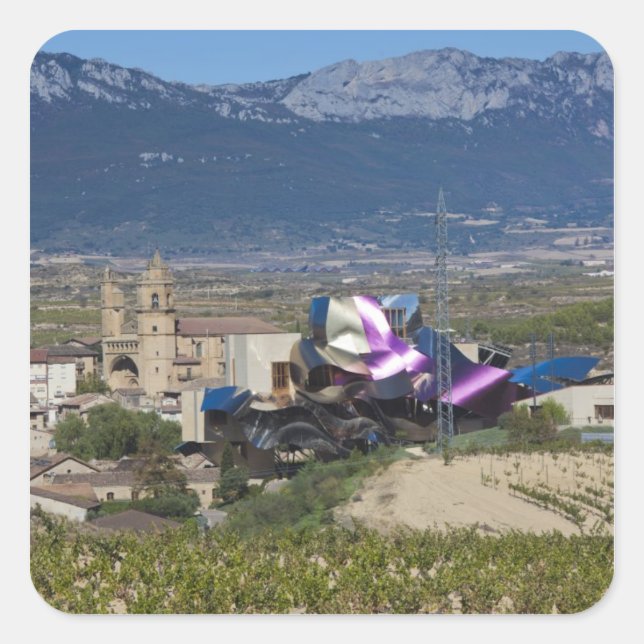 Elevated town view and Hotel Marques de Riscal Square Sticker (Front)