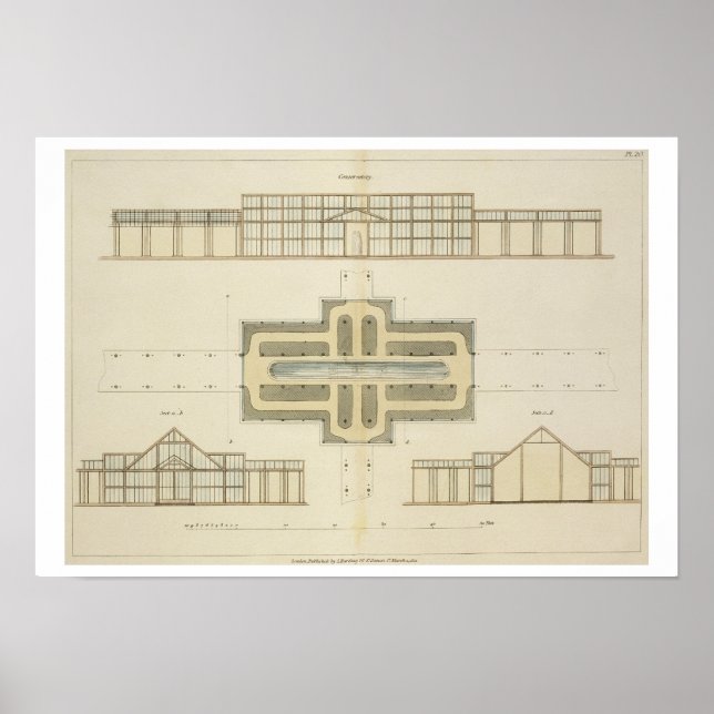 Elevations and ground plan of a glasshouse, from ' poster (Front)