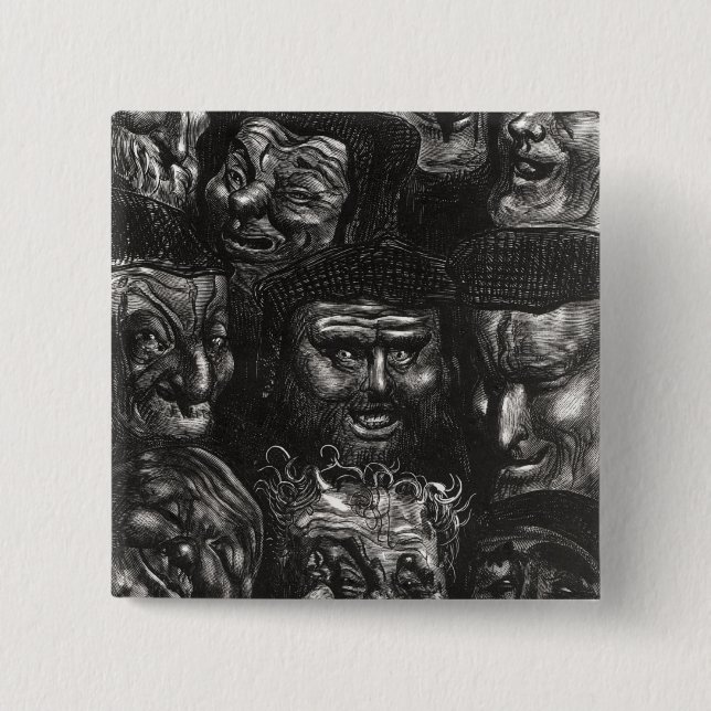 Eleven grotesque faces 15 cm square badge (Front)