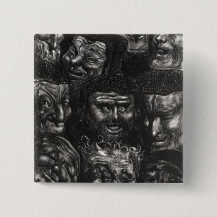 Eleven grotesque faces 15 cm square badge