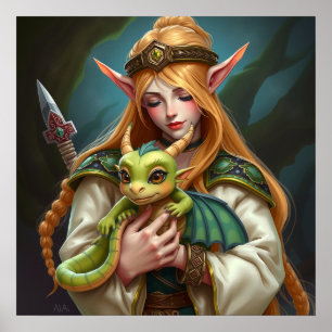Elf and baby dragon poster