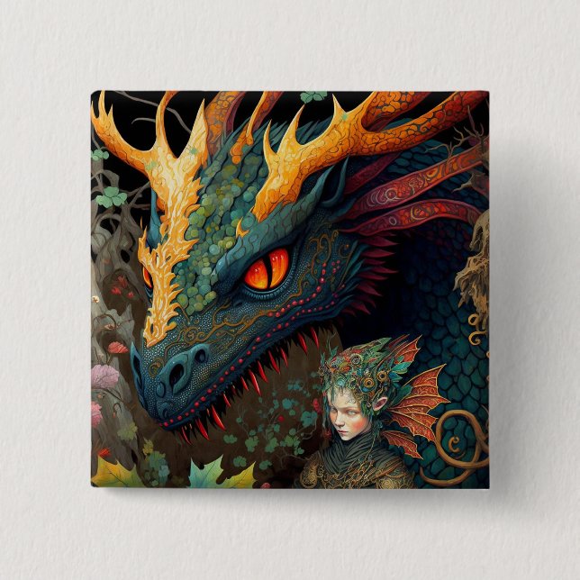Elf And Dragon Fantasy Art 15 Cm Square Badge (Front)