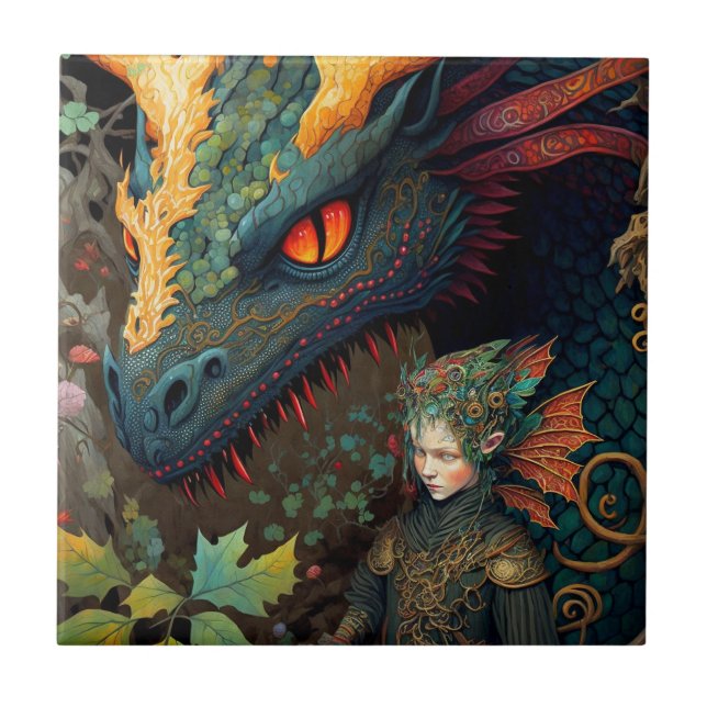Elf And Dragon Fantasy Art Ceramic Tile (Front)