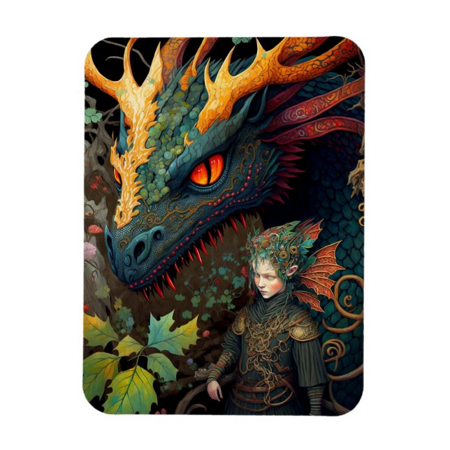 Elf And Dragon Fantasy Art Magnet (Vertical)