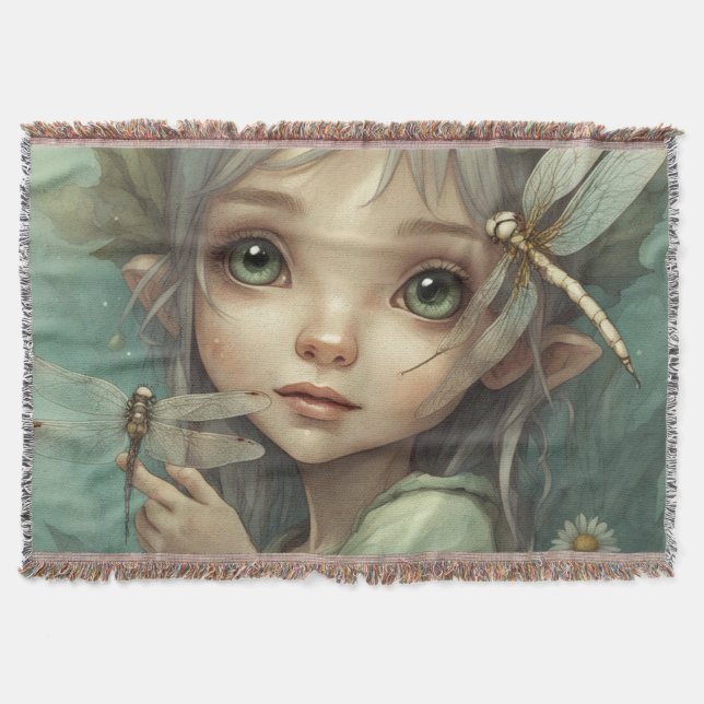 Elf and Dragonfly 1 Throw Blanket (Front)