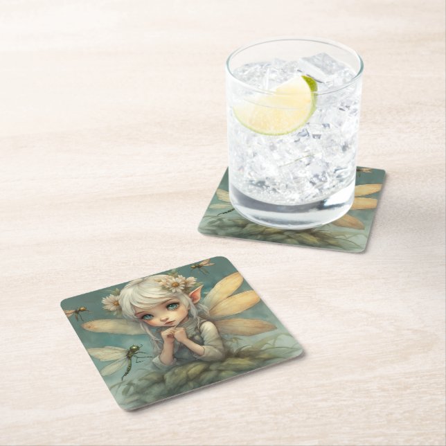 Elf and Dragonfly 2 Square Paper Coaster (Insitu)