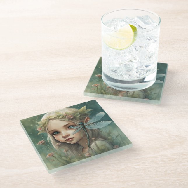 Elf and Dragonfly 3 Glass Coaster (Angled)