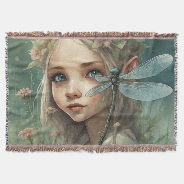 Elf and Dragonfly 3 Throw Blanket (Front)