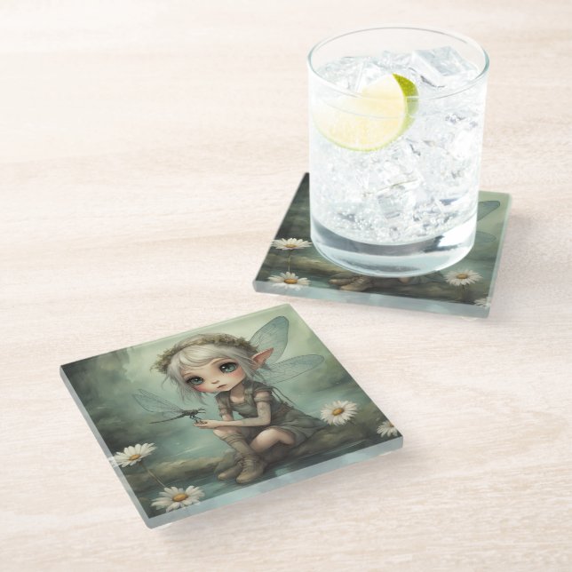 Elf and Dragonfly 5 Glass Coaster (Angled)