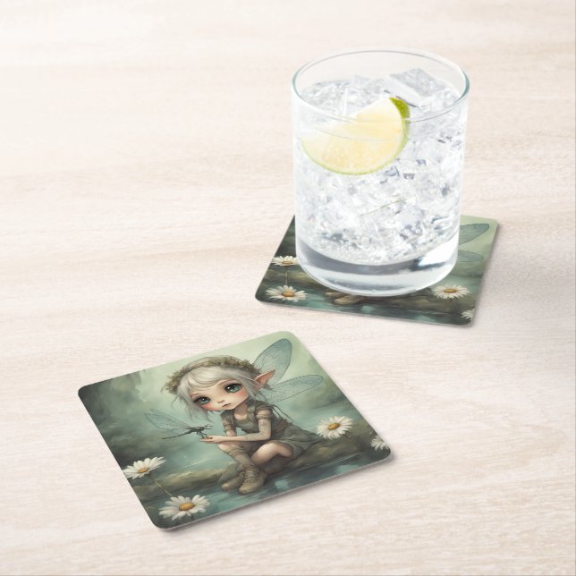 Elf and Dragonfly 5 Square Paper Coaster (Insitu)