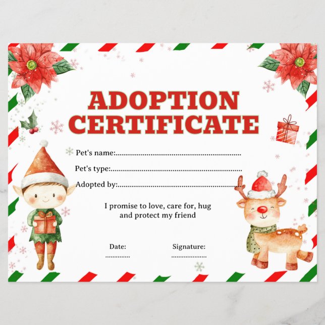 Elf and reindeer adopt certificate editable flyer (Front)