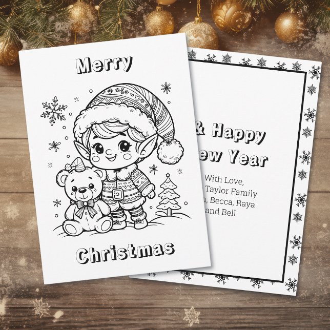 Elf and Teddy Bear Christmas Colour Me Card (Creator Uploaded)
