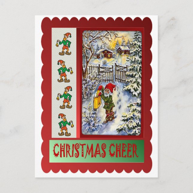 Elf at the mailbox holiday postcard (Front)