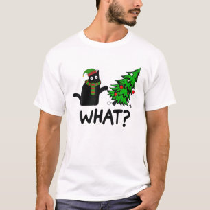 ELF Black Cat Pushing Christmas Tree Over Funny Ca T-Shirt