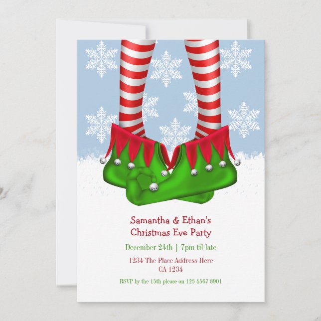 Elf Boots And Stockings Snowflake Christmas Party Invitation (Front)