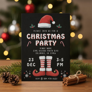 Elf Boots Santa Claus Hat Black Christmas Party Invitation