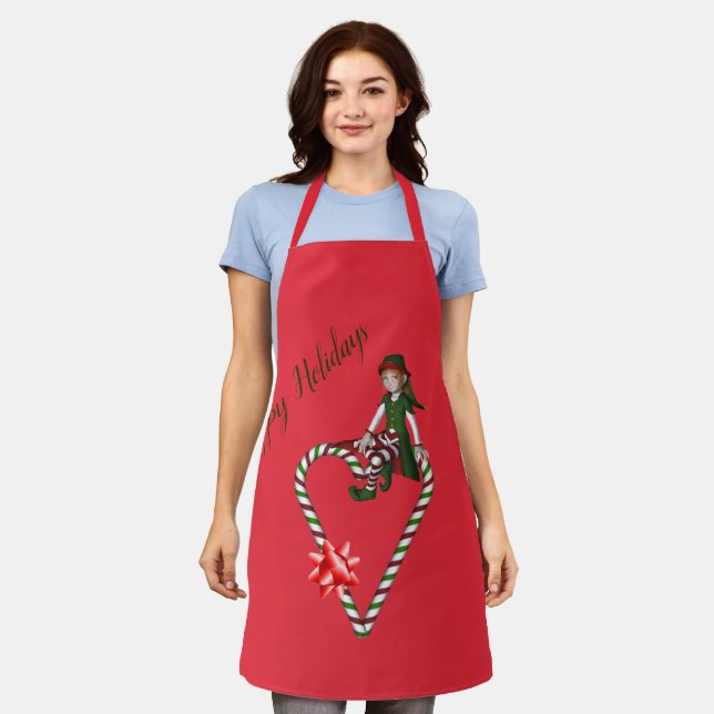 Elf Candy Cane Heart Cute Christmas Holiday  Apron (Worn)