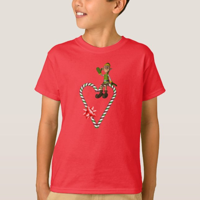Elf Candy Cane Heart Cute Christmas Holiday  T-Shirt (Front)