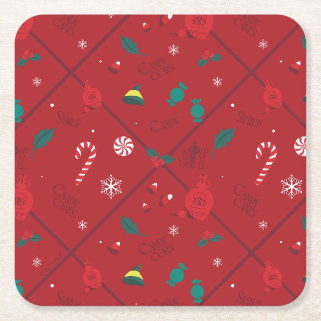 Elf Candy Chequered Pattern Square Paper Coaster (Front)