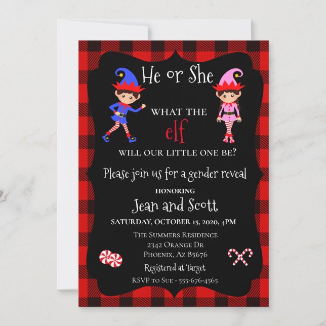 Elf Christmas Holiday Gender Reveal Buffalo Plaid Invitation (Front)