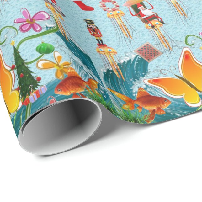 Elf Christmas Ocean Fish Santa  Wrapping Paper (Roll Corner)