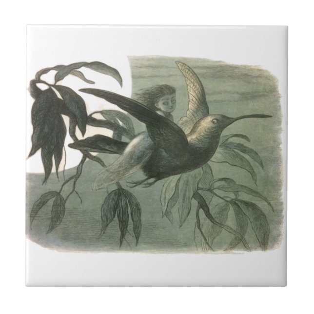 Elf Fairies Elves Moon Night Scene Bird Flying  Ceramic Tile (Front)