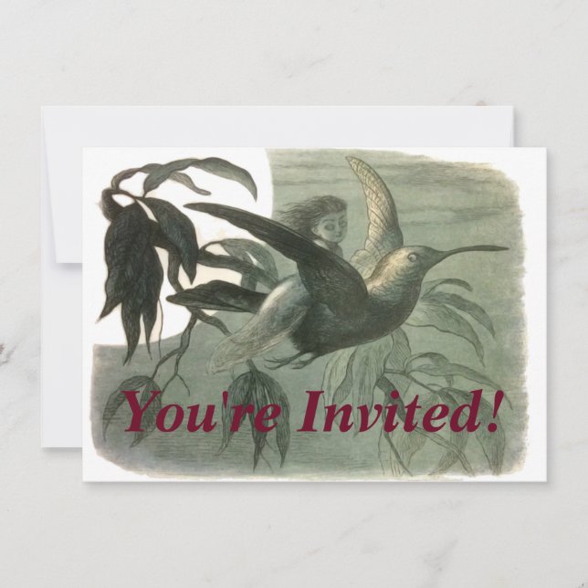 Elf Fairies Elves Moon Night Scene Bird Flying  Invitation (Front)