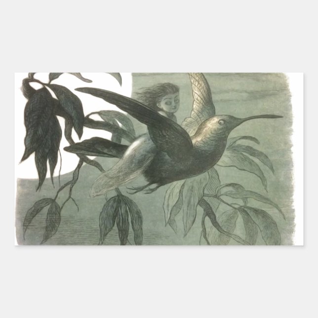 Elf Fairies Elves Moon Night Scene Bird Flying  Rectangular Sticker (Front)