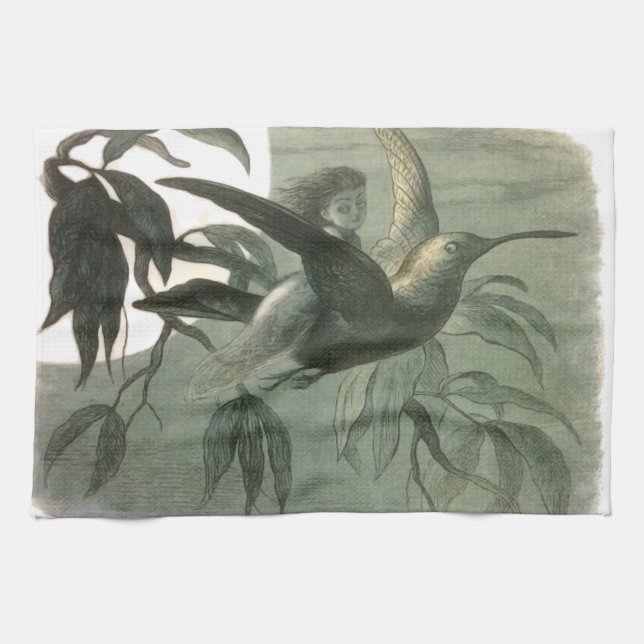 Elf Fairies Elves Moon Night Scene Bird Flying  Tea Towel (Horizontal)