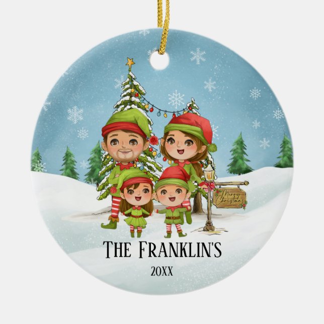 Elf Family of 4 Mum Dad Daughter Son Ceramic Ornament (Front)