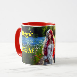 Elf girl red and white colourful fantasy flowers mug