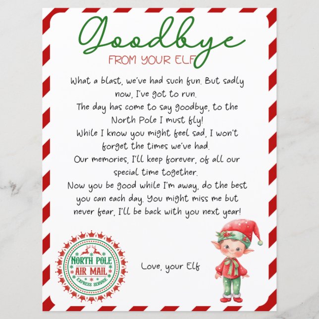 Elf Goodbye Letter, Elf Departure Letter (Front)