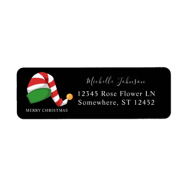 Elf Hat Christmas Return Address Label Black (Front)