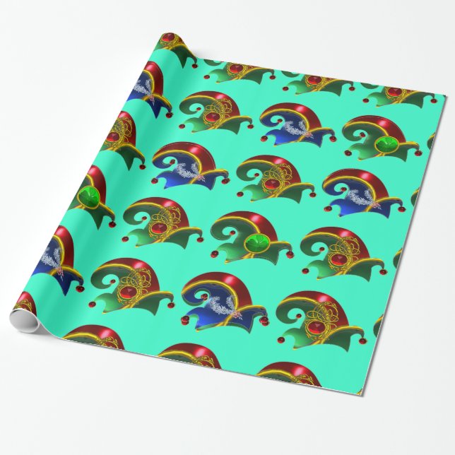 ELF HATS ,SHAMROCK ,DIAMOND FEATHERS ,Aqua Blue Wrapping Paper (Unrolled)