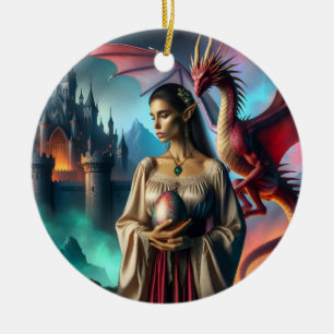 Elf holding a dragon egg ceramic ornament