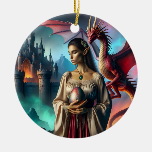 Elf holding a dragon egg ceramic ornament (Front)