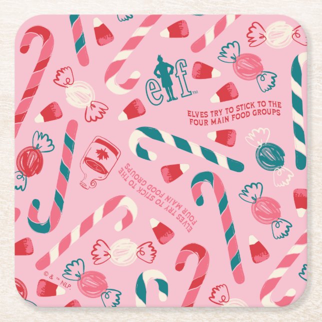 Elf Holiday Candy Pattern Square Paper Coaster (Front)