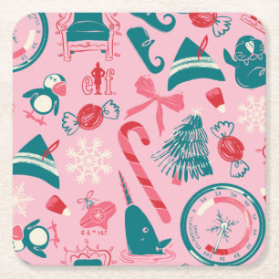 Elf Holiday Framed Icon Pattern Square Paper Coaster