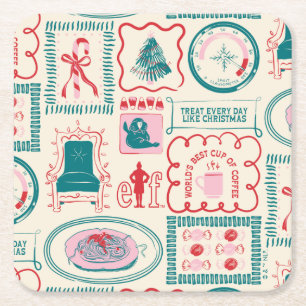 Elf Holiday Icon Pattern Square Paper Coaster