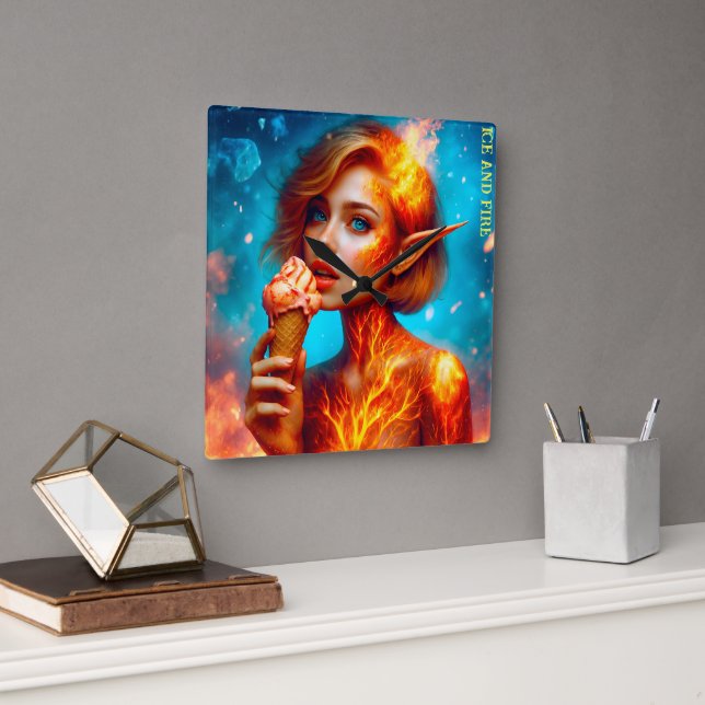 Elf ice cream theme beautiful blue fire waffle  square wall clock (Office)