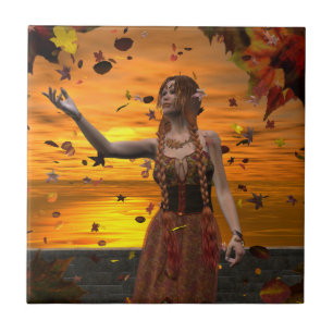 Elf in Falling Leaves Against an Autumn Sunset Ceramic Tile