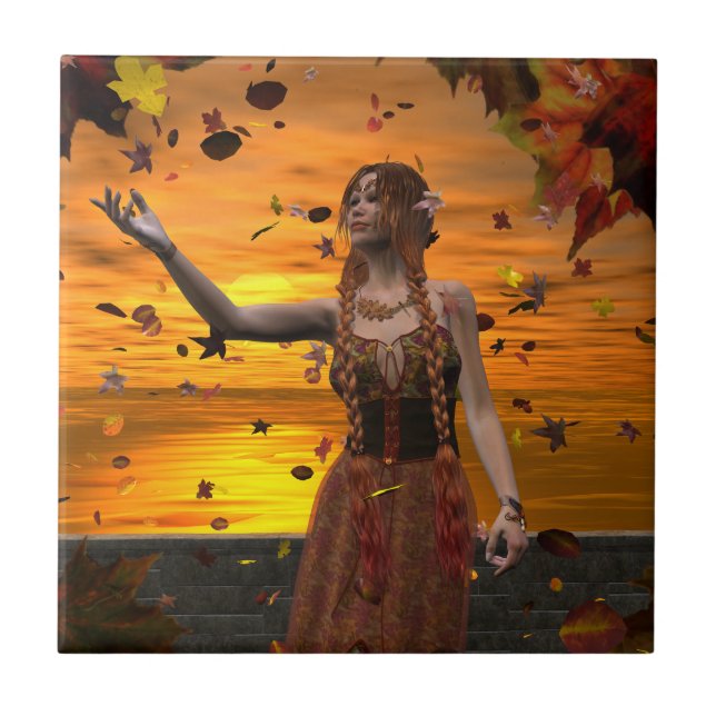 Elf in Falling Leaves Against an Autumn Sunset Ceramic Tile (Front)
