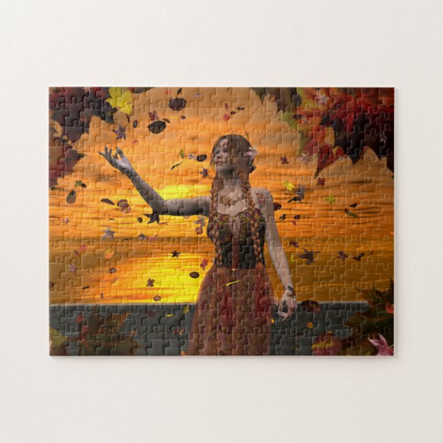 Elf in Falling Leaves Against an Autumn Sunset Jigsaw Puzzle (Horizontal)